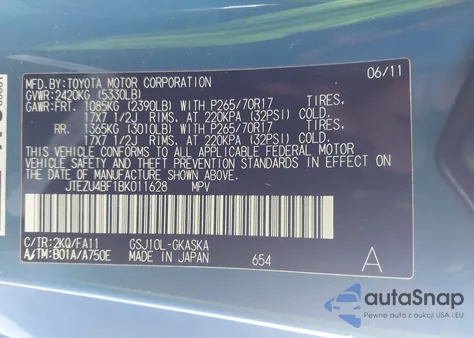 2011 Toyota Fj Cruiser z USA, uszkodzony, nr VIN JTEZU4BF1BK011628